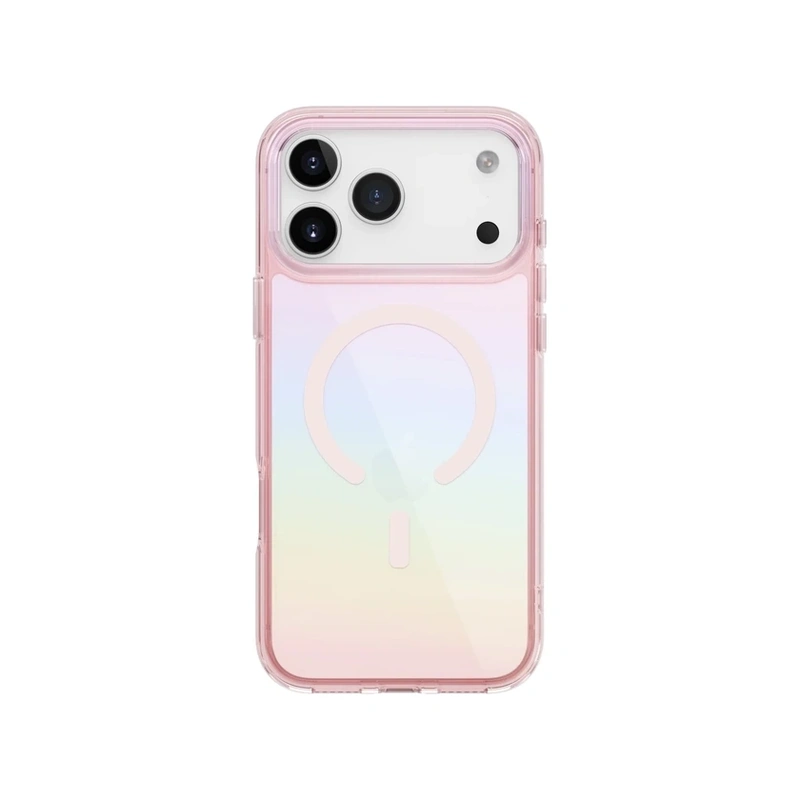 نمای پشت قاب یونیک Iridescia Pink Prism آیفون ۱۷ پرو مکس با بدنه رنگین‌تاب پاستلی و حلقه مگ‌سیف صورتی