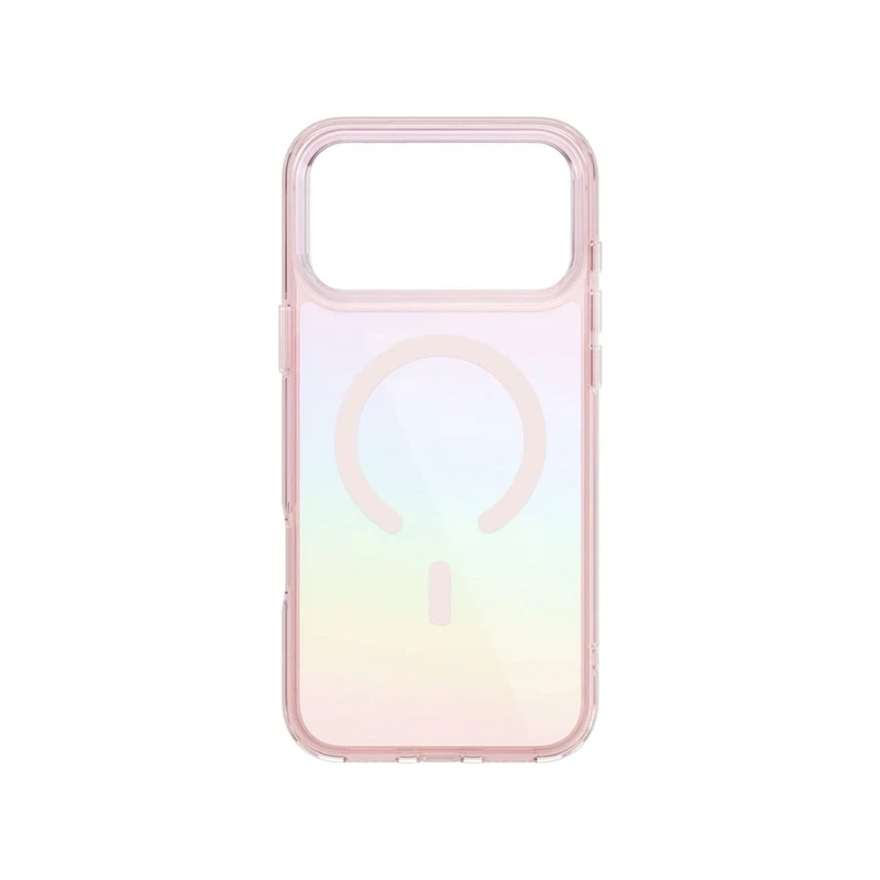 نمای پشت قاب یونیک مدل Iridescia Pink Prism مخصوص آیفون ۱۷ پرو مکس بدون گوشی با برش بزرگ دوربین و حلقه مگ‌سیف
