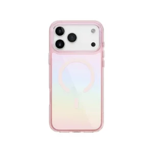نمای پشت قاب یونیک Iridescia Pink Prism آیفون ۱۷ پرو مکس با بدنه رنگین‌تاب پاستلی و حلقه مگ‌سیف صورتی